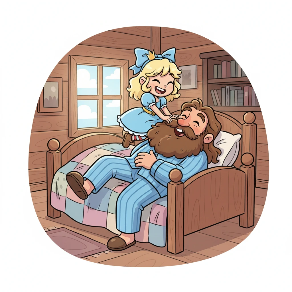 "LEXY! Nicht schon wieder!", stöhnt Nils, kann aber ein Schmunzeln nicht unterdrücken. Lexy erklärt stolz, sie sei der "königliche Wecker mit Spezialauftrag" und kitzelt seinen Bart. Nils seufzt und bemerkt, sie sei schlimmer als der ganze Hohe Rat, aber Lexy zwinkert und entgegnet, sie sei viel süßer.