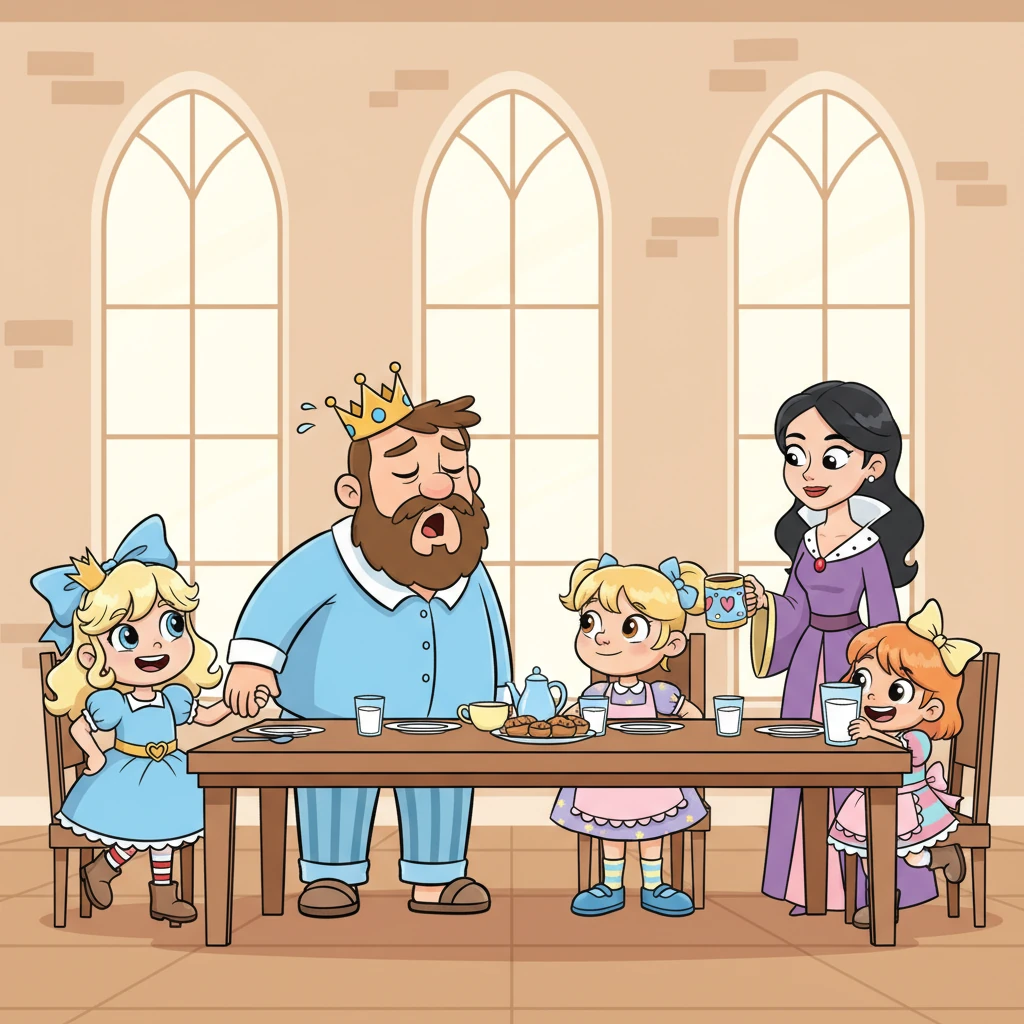 Lexy kehrt stolz in den Speisesaal zurück, ihren noch halb verschlafenen Vater hinter sich herziehend. Leny begrüßt ihn mit erhobenem Kinn, während Lena noch immer kichert und sich hinter ihrer Milch versteckt. Königin Nisa reicht dem König seinen Lieblingsbecher, und er murmelt ihr dankbar zu, dass Lexy ihn daran erinnere, wie laut das Leben sein kann.