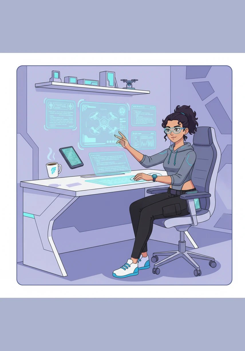 Faizah duduk di depan meja kerja futuristiknya, dikelilingi oleh layar yang menampilkan editor kode Acode. Cahaya biru dari monitor menerangi wajahnya saat ia mulai merancang aplikasi ajaib bernama Kimi AI dengan penuh ketelitian.