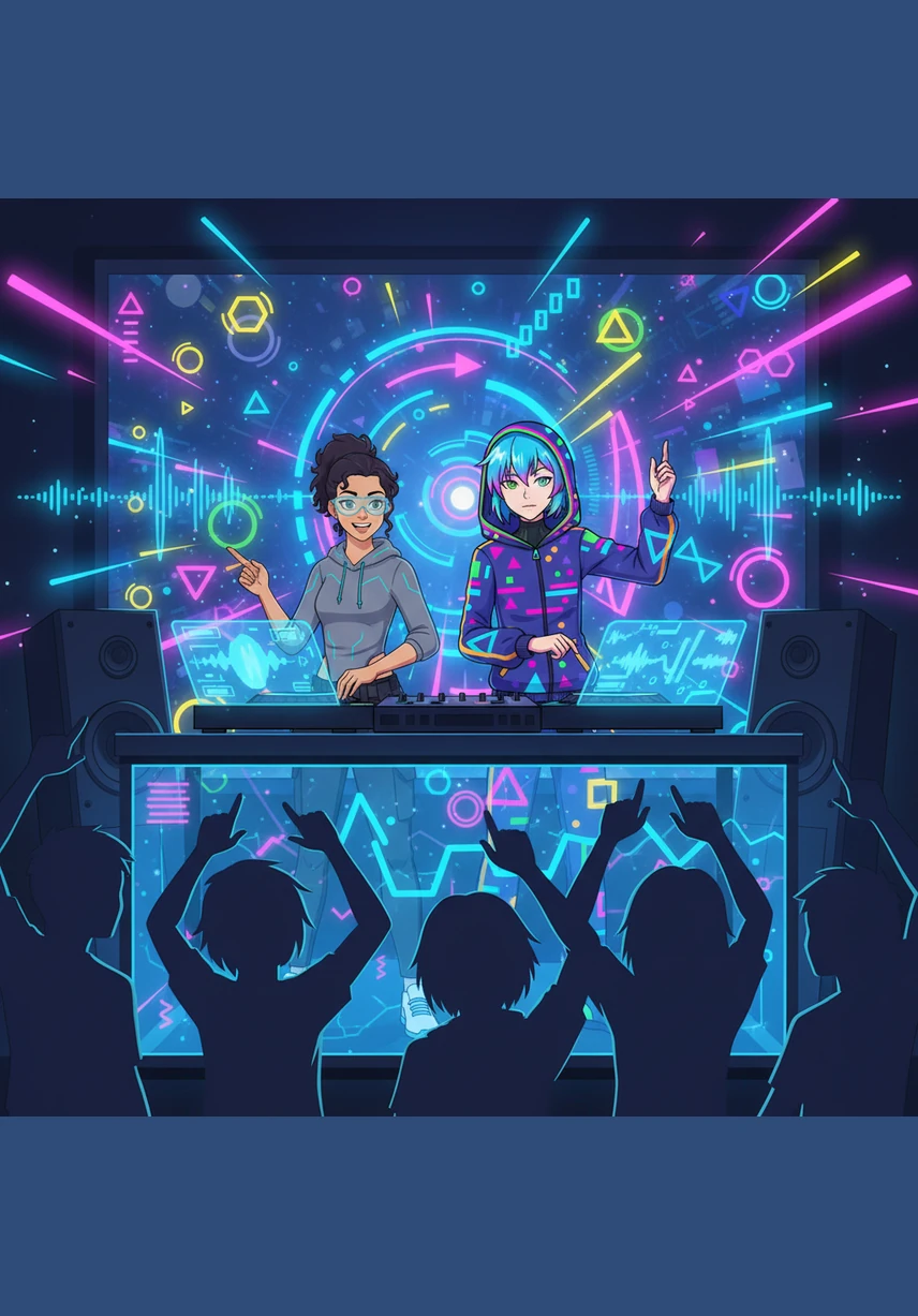 Musik dari DJ Hack mulai berputar secara otomatis, mengisi suasana dengan irama yang membangkitkan semangat dan energi kreatif. Visual anime di latar belakang bergerak selaras dengan detak musik, menciptakan pengalaman digital yang sangat imersif.