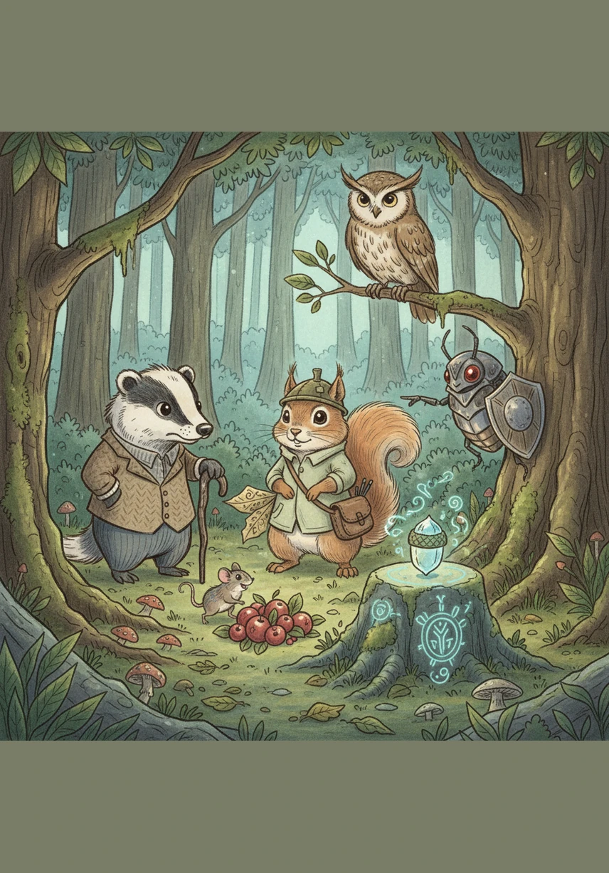 Pip the squirrel lived in the heart of the Whispering Woods, but he wasn't like the other squirrels who just played all day. He carried a tiny satchel filled with charcoal pencils and large, dried leaves used for recording every nut he found and where he found it.
