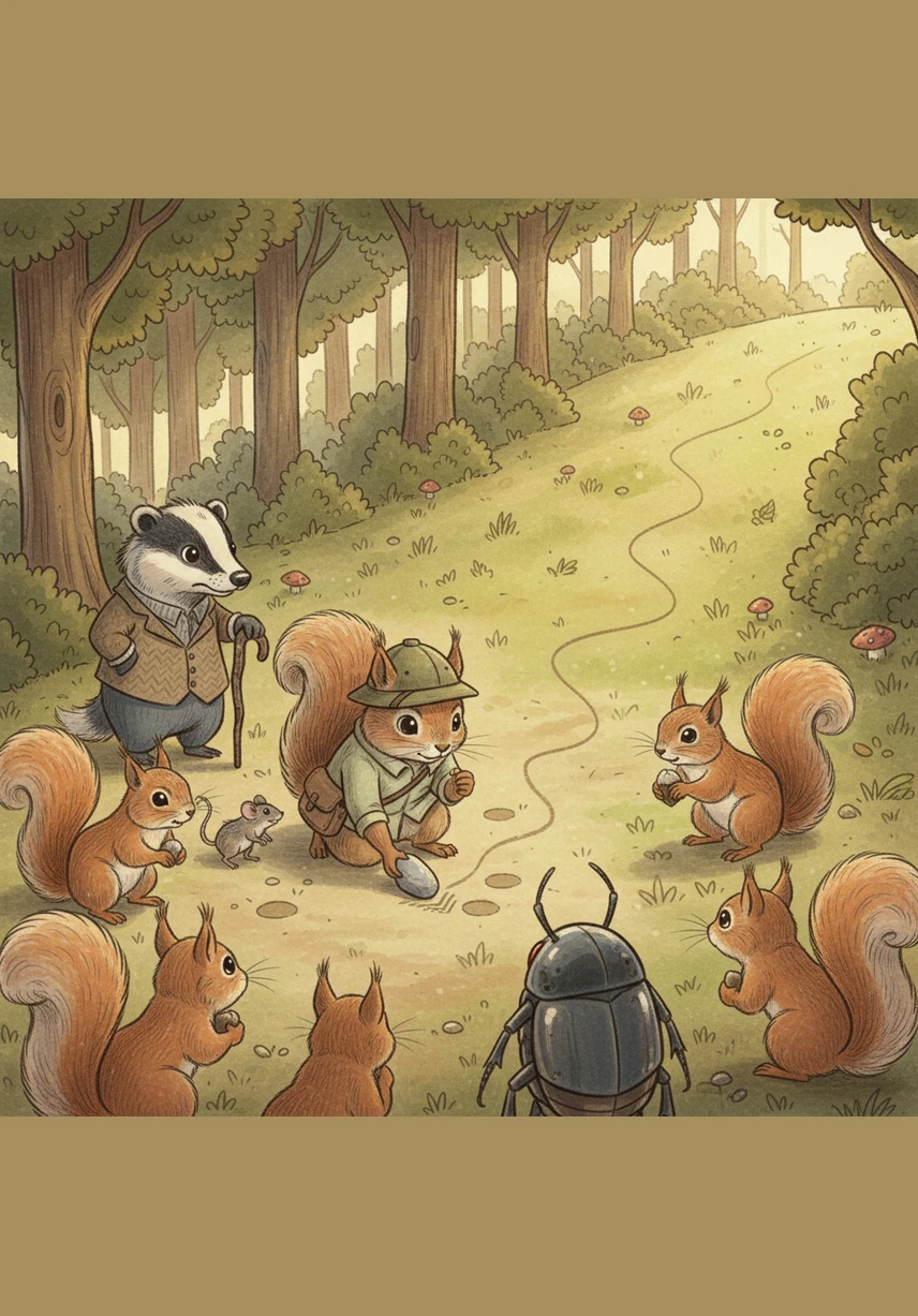 The other animals watched in awe as Pip used a smooth stone to draw a line connecting the dots of previous harvests on the dusty ground. The line didn't just stay in the past; it angled upward and pointed directly toward a hidden grove on the sunnier side of the hill.