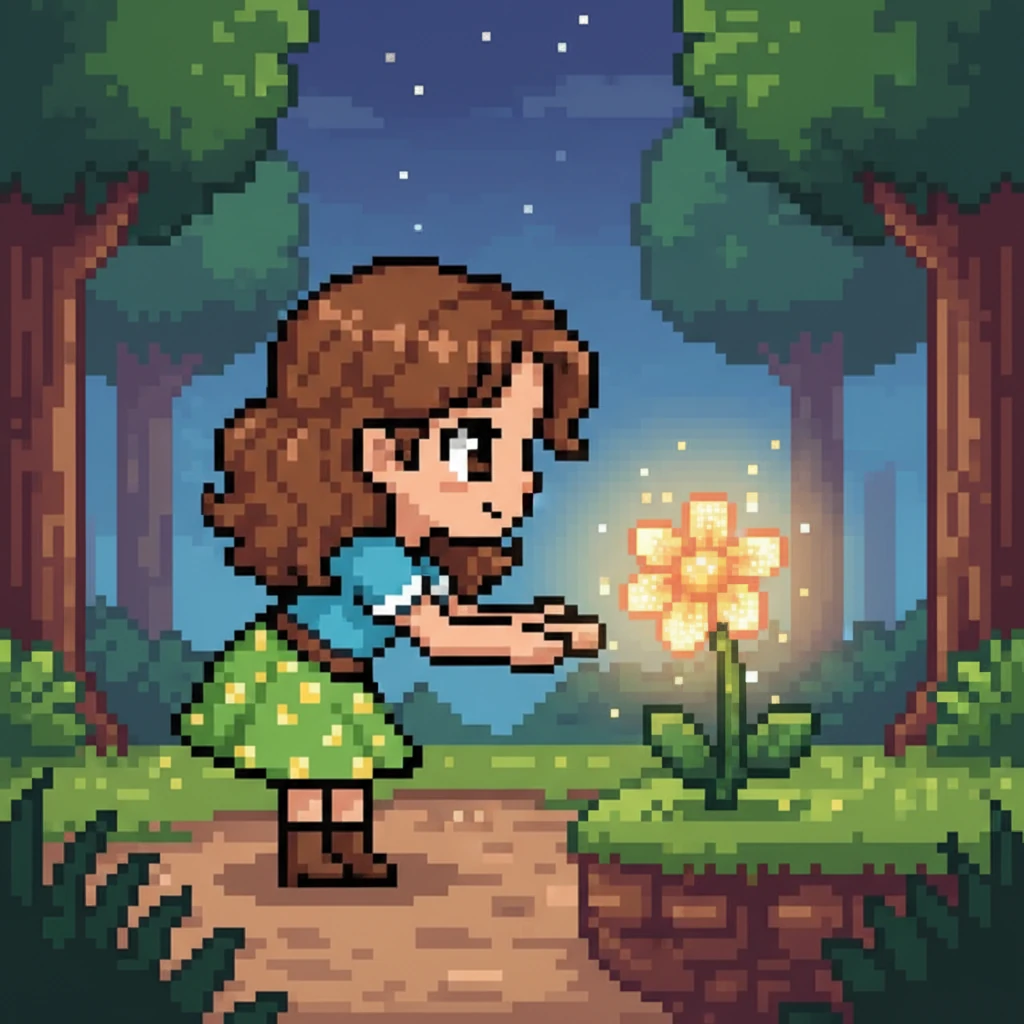 De repente, um brilho suave chamou sua atenção. Era uma flor cintilante, com pétalas que pareciam feitas de estrelas, pulsando com uma luz mágica. Luna nunca tinha visto algo tão bonito antes.