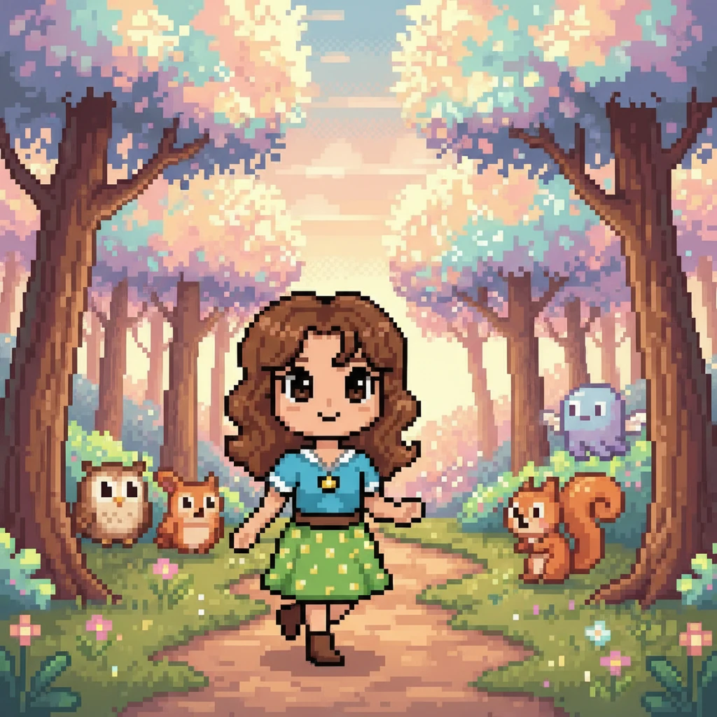 À medida que ela avançava, o bosque começou a mudar. As árvores tinham folhas que irradiavam cores suaves e formas estranhas, mas amigáveis, de criaturas pixeladas apareciam entre os arbustos. A magia estava por toda parte.