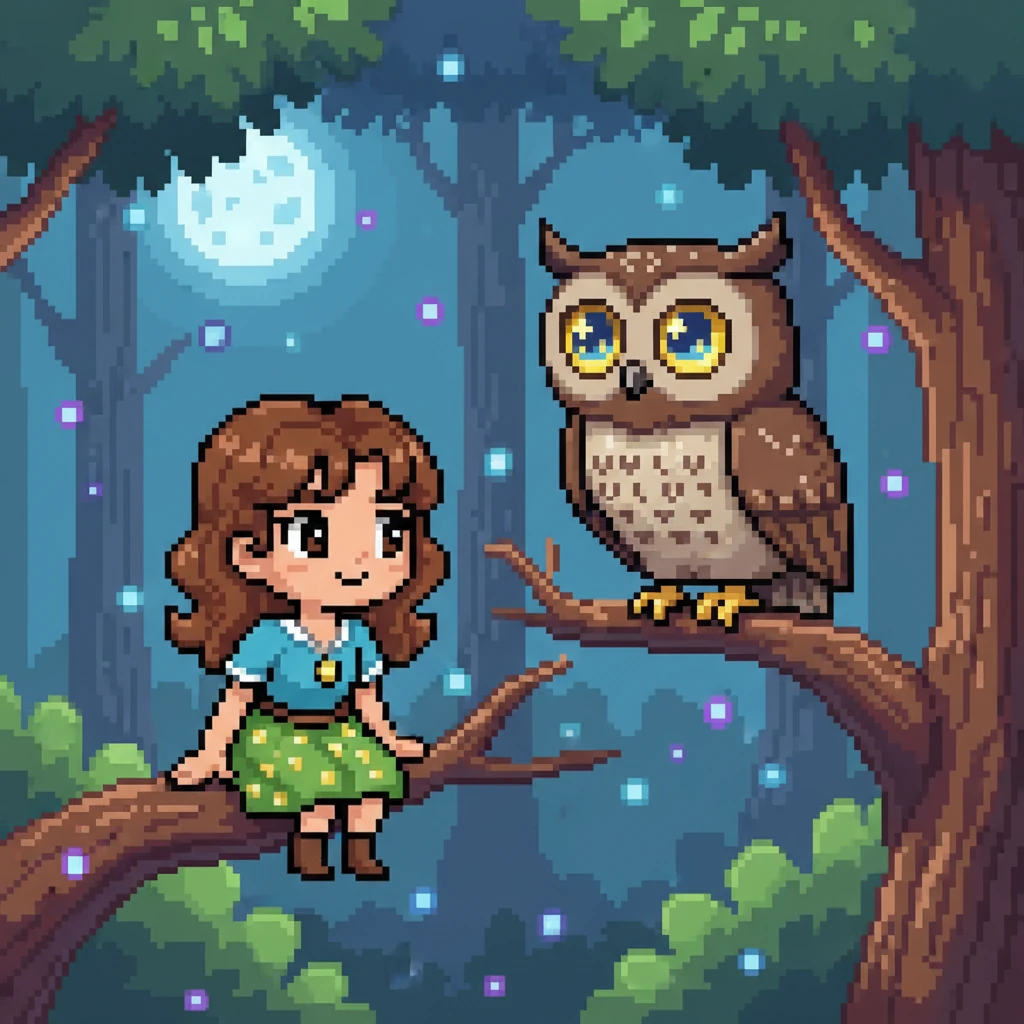 Em um galho alto, Luna encontrou uma sábia coruja de pixel, com olhos grandes e cintilantes. A coruja explicou que o bosque era encantado e precisava de uma canção especial para manter sua magia brilhante e forte.