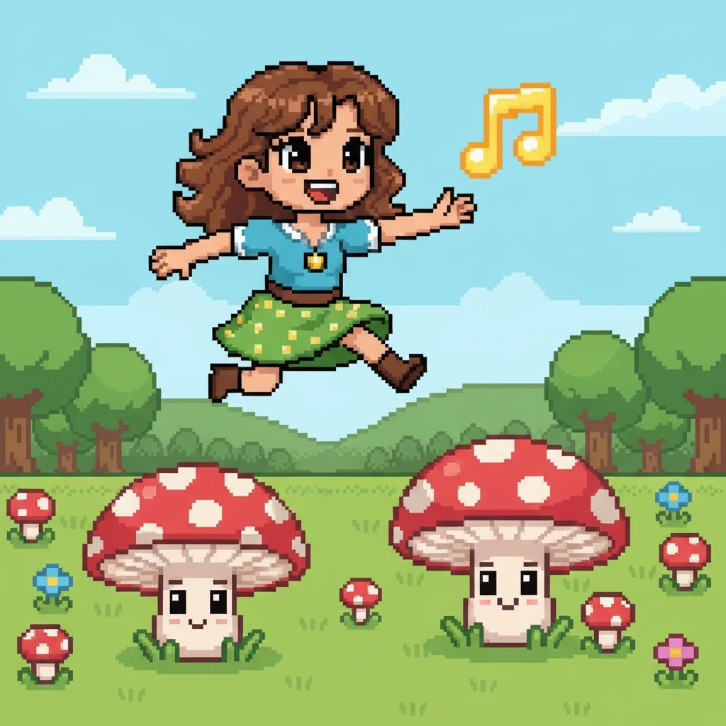 A segunda nota estava escondida em um campo de cogumelos saltitantes, que pareciam convidar Luna a pular e brincar. Ela pulou de um para o outro até alcançar a nota brilhante com um sorriso no rosto.