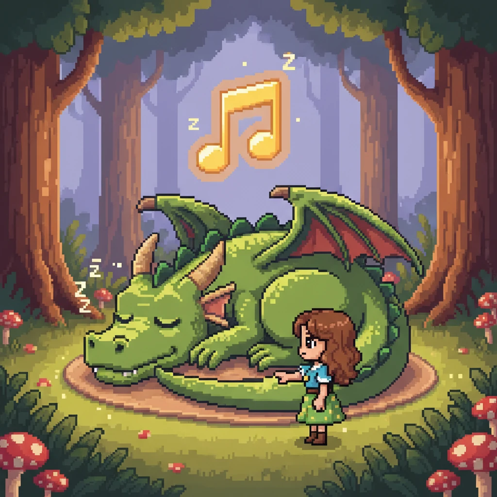 A terceira e última nota estava adormecida, flutuando sobre um dragão de pixel amigável que roncava suavemente. Luna se aproximou com delicadeza e, com um toque suave, despertou o guardião para pegar a nota.