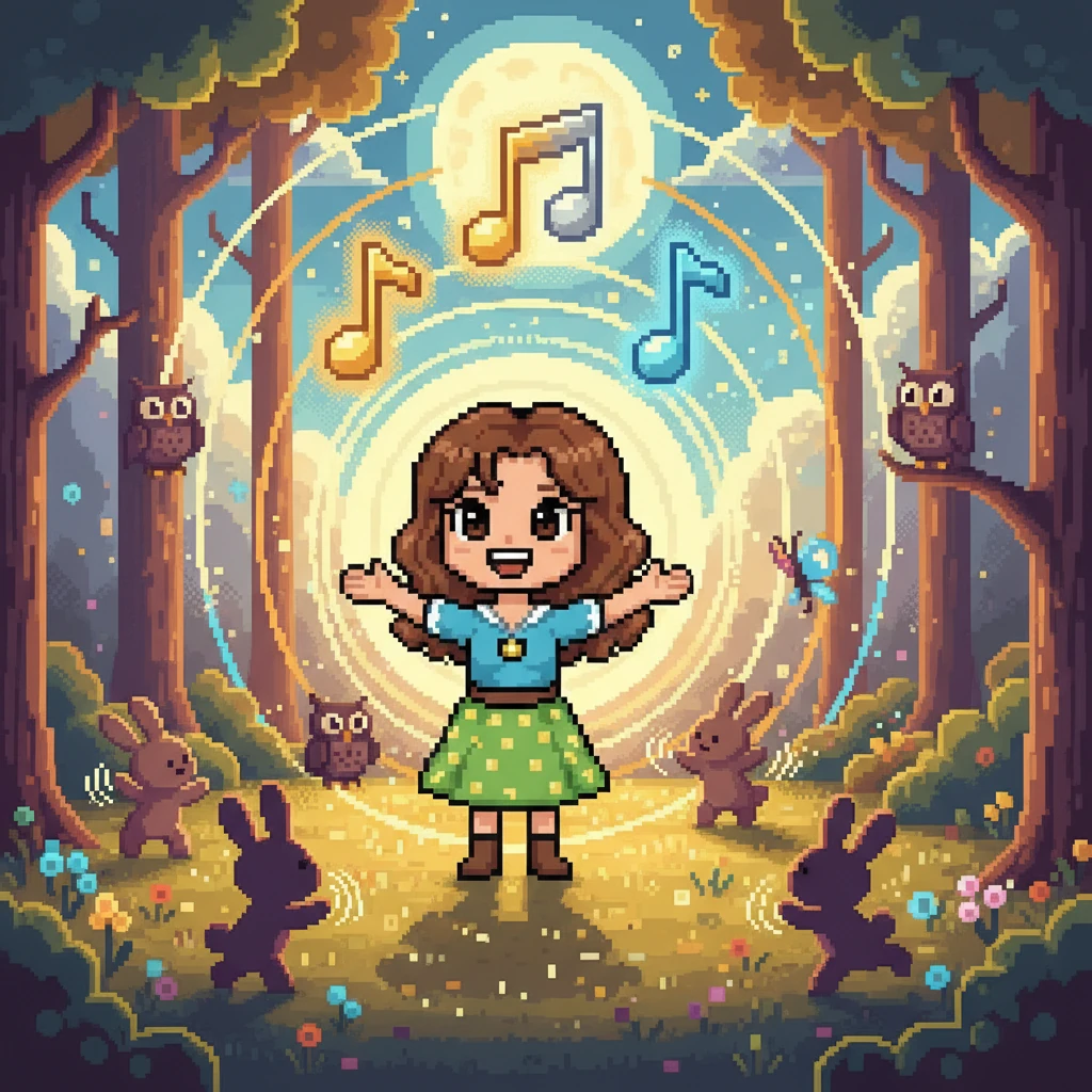 Com as três notas reunidas, Luna cantou a canção mágica. O bosque inteiro se iluminou com um brilho vibrante, e as criaturas de pixel dançaram de alegria. Luna sentiu seu coração cheio de felicidade e orgulho por ter ajudado a manter a magia viva.
