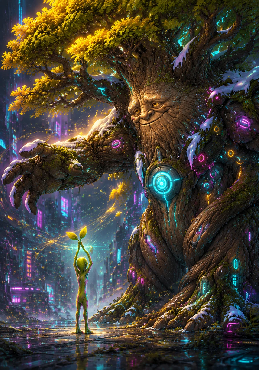 Next to Pip stood Barnaby, a massive ancient oak tree with gnarled bark and a crown of golden-green leaves that seemed to touch the stars. Barnaby looked down with warm, crinkled eyes at the shivering little sapling. He rustled his deep canopy softly, sending a comforting breeze over Pip to calm his restless roots.