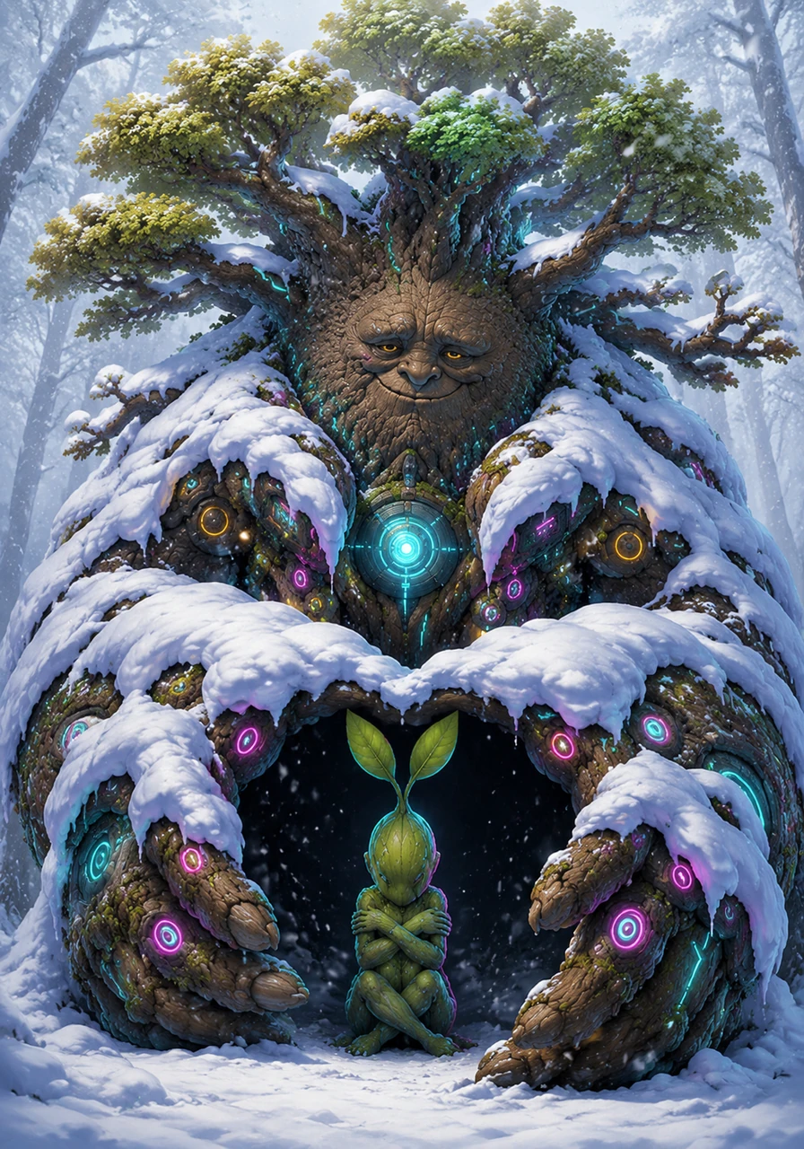Soon, a heavy, sparkling blanket of white snow covered the sleeping meadow, tucked in tightly for the winter. Pip shivered in the cold, feeling smaller and lonelier than ever before in the quiet white forest. Barnaby spread his giant, snowy branches over Pip like a warm winter coat, keeping him safe from the freezing winds.