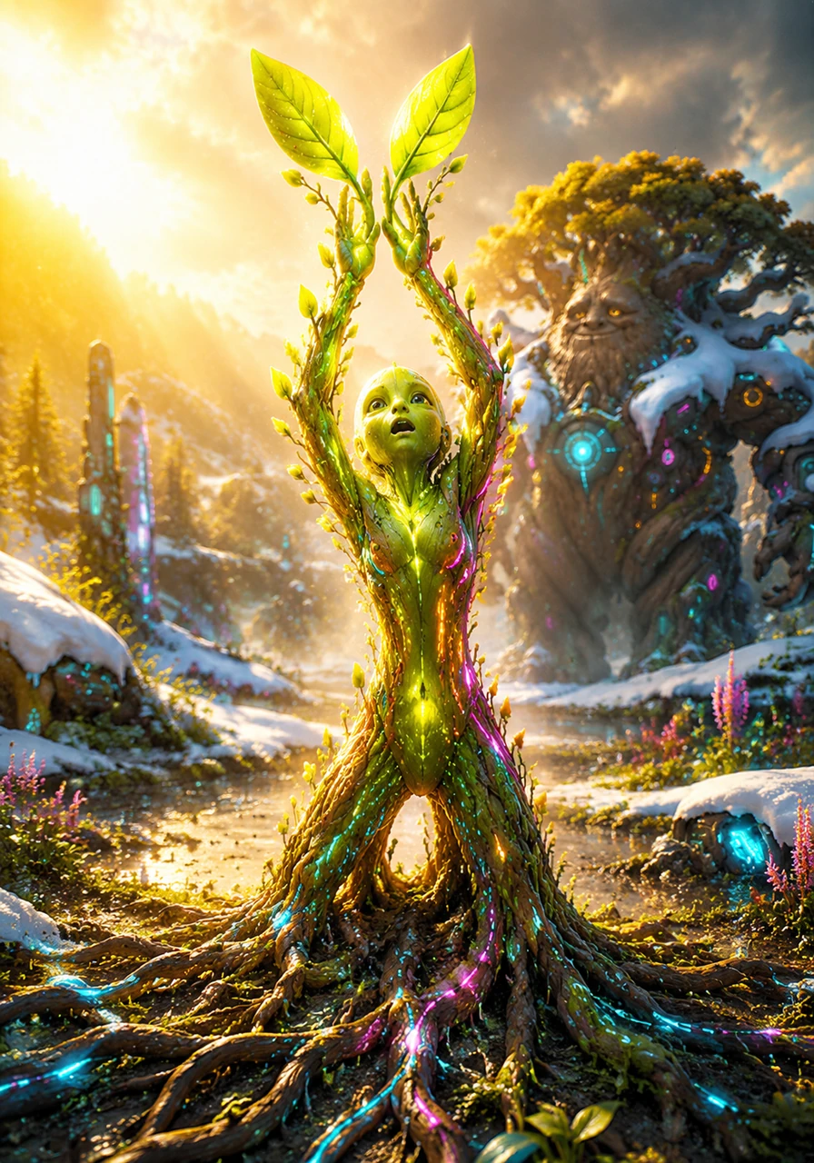 When the first warm golden rays of spring melted the snow, a wondrous miracle happened in the meadow. Tiny, bright green buds burst open all along Pip's slender branches, reaching out to catch the morning sun. Pip gasped in delight, feeling a surge of fresh, happy energy rushing from his deep roots all the way to his tippy-top.