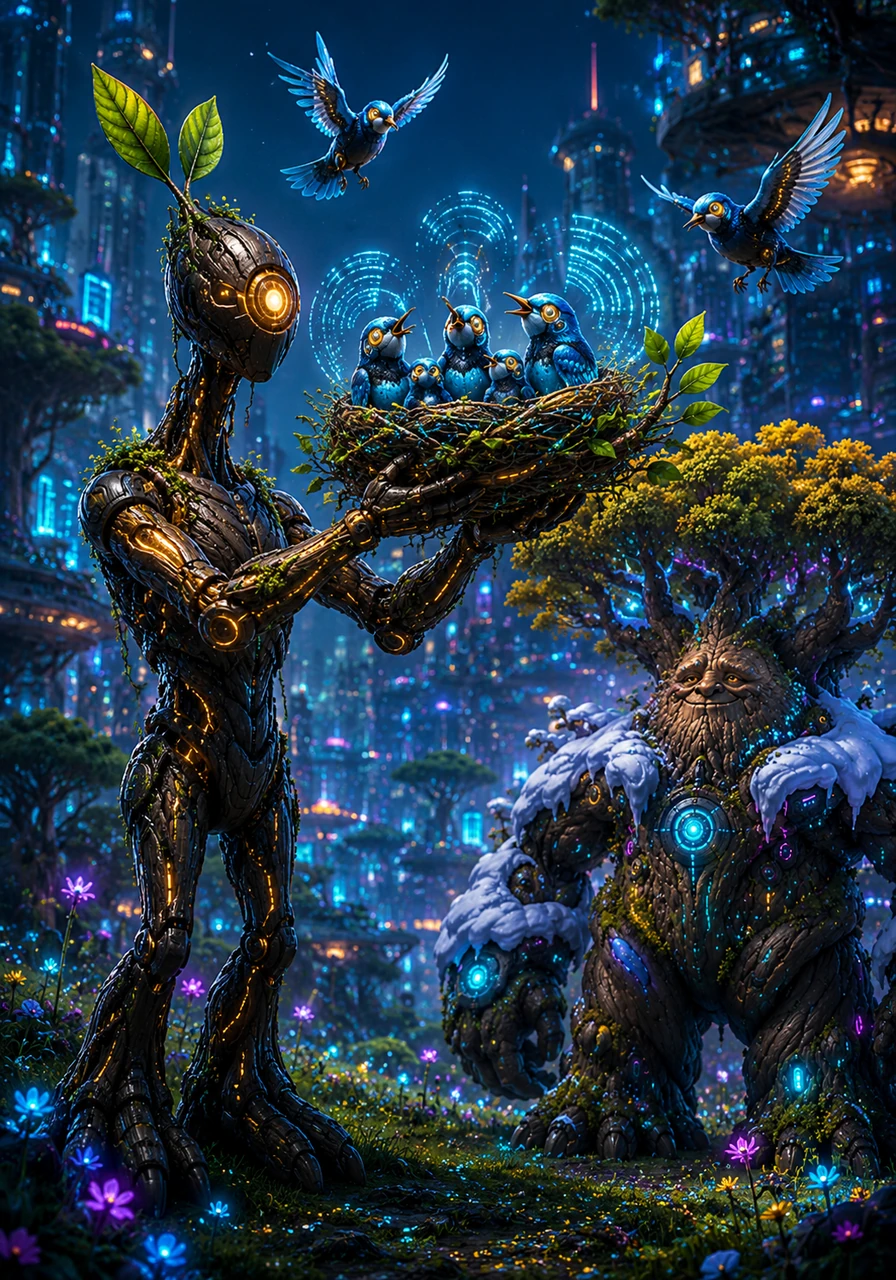 A family of cheerful bluebirds flew down from the sky and chose one of Pip's new, sturdy branches to build their cozy nest. Pip held perfectly still, bursting with pride as he listened to their sweet morning songs echoing through the meadow. He realized he didn't need to be the tallest tree to bring happiness to the world.