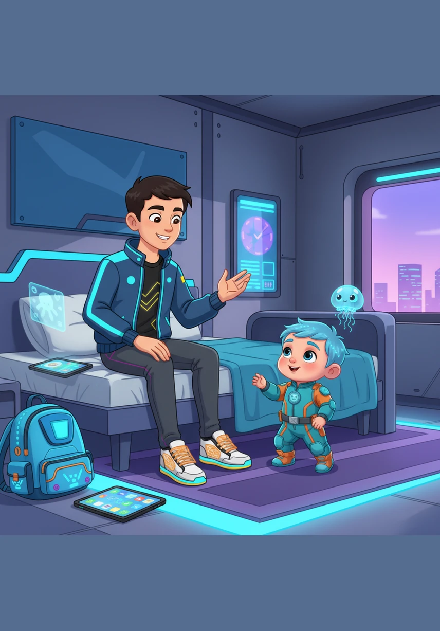 Али таңертең ерте оянып, бөлмесіне кіріп келген кішкентай інісіне, яғни бебиге күлімсіреп «Хай!» деді. Ол бүгінгі күннің өте кул болатынын сезіп, жақсы көңіл-күймен мектепке жинала бастады.