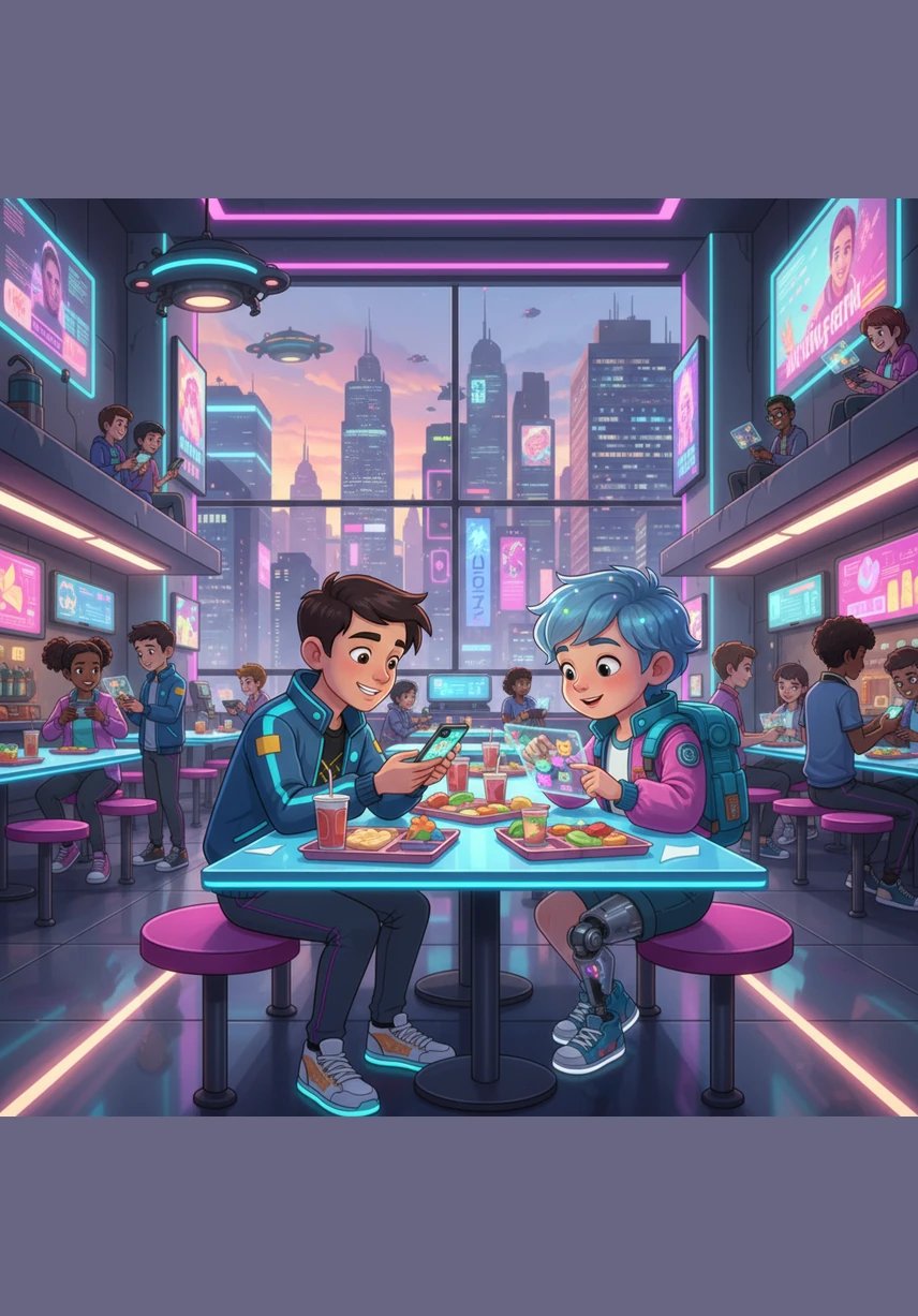 Үзіліс кезінде достар мектеп асханасына ланч ішуге жиналды. Олар дәмді фастфуд жеп отырып, демалыс күндері үлкен сауда орталығына шоппингке бару туралы қызықты жоспарларын айтты.