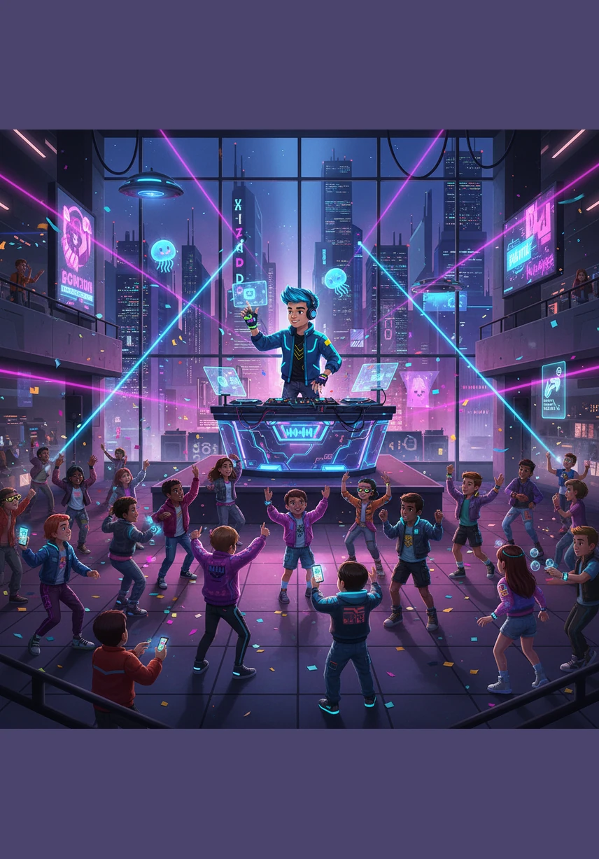 Мектепте үлкен пати басталды, онда ди-джей керемет музыка қойып, бәрін биге шақырды. Балалардың бәрі «Вау!» деп таңғалып, сахнадағы көрсетілімді тамашалап, мәз-мейрам болды.