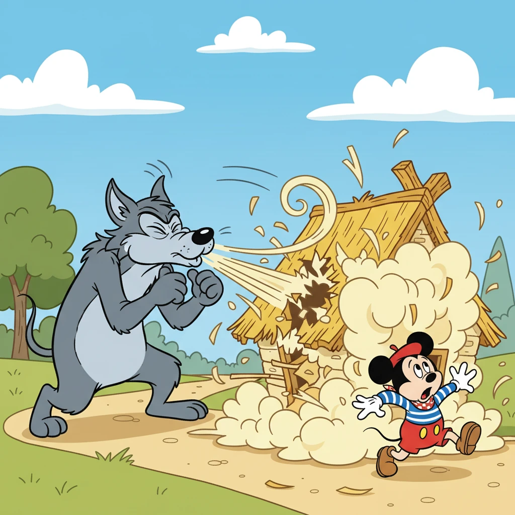 Le Loup souffle, souffle, et la maison de paille s'effondre en un nuage de poussière. Le premier petit cochon s'enfuit à toutes jambes, terrifié.