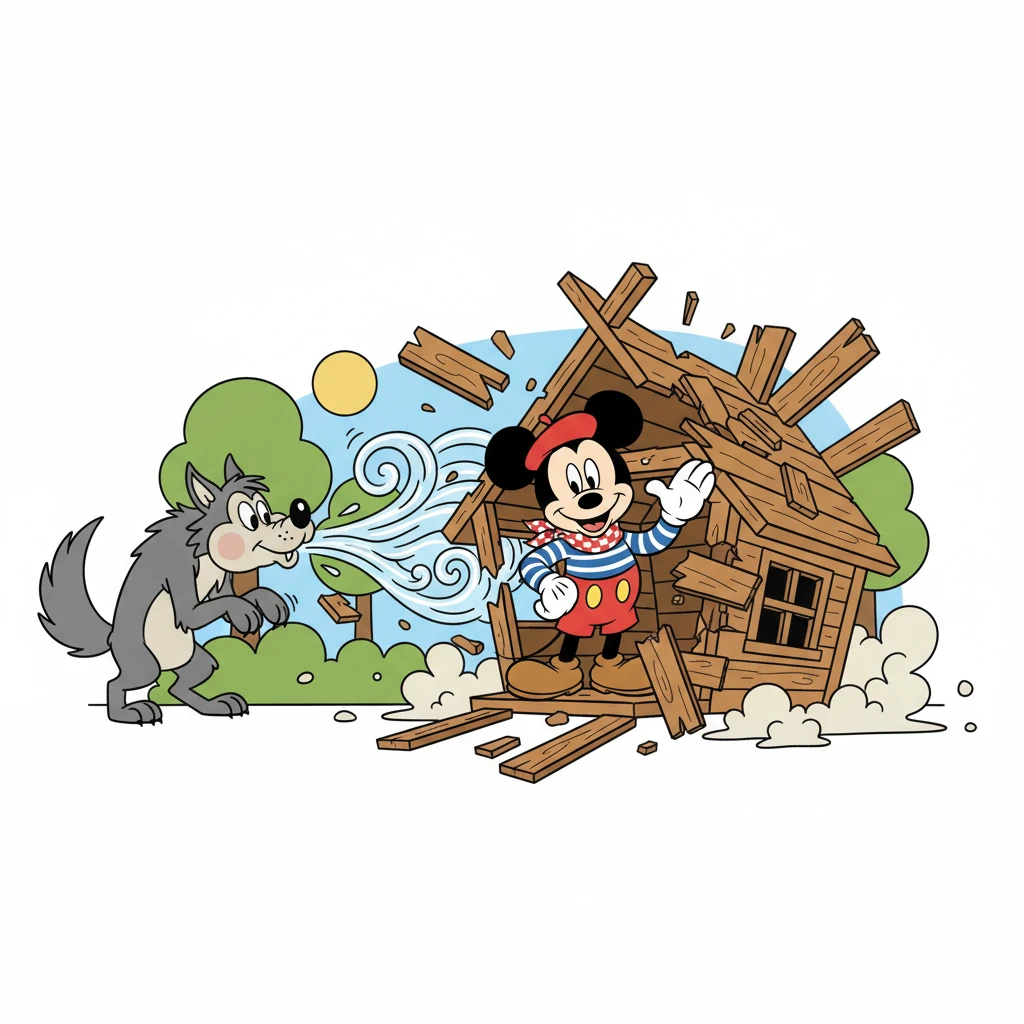 Le deuxième petit cochon, dans sa maison de bois, croit être en sécurité. Mais le Loup souffle encore plus fort, et la maison de bois s'écroule à son tour.
