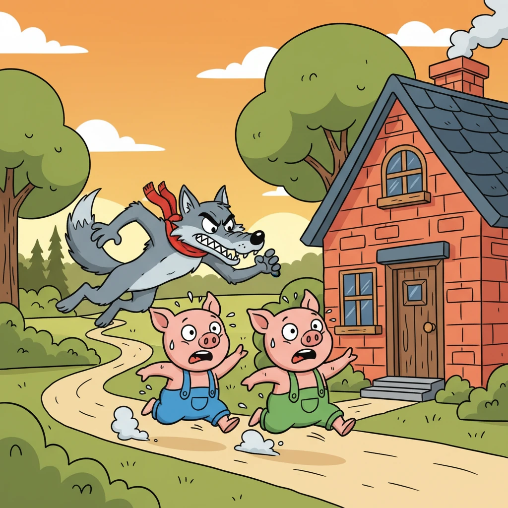 Les deux petits cochons, paniqués, courent vers la dernière maison, celle de briques. Ils savent que le Loup va les poursuivre.