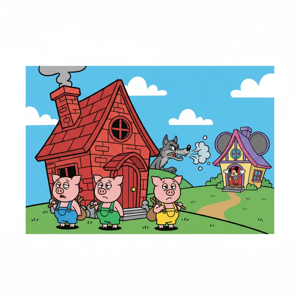 La maison de briques résiste, mais le Loup est têtu. Les trois petits cochons, épuisés, décident de chercher de l'aide et partent vers la maison de Mickey.