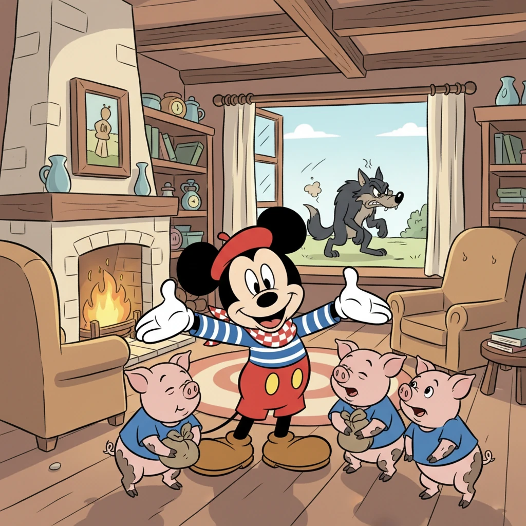 À la maison de Mickey, les cochons trouvent refuge et réconfort. Mickey, avec un grand sourire, les accueille et promet de les protéger. Le Loup, frustré, s'éloigne, vaincu par l'amitié.