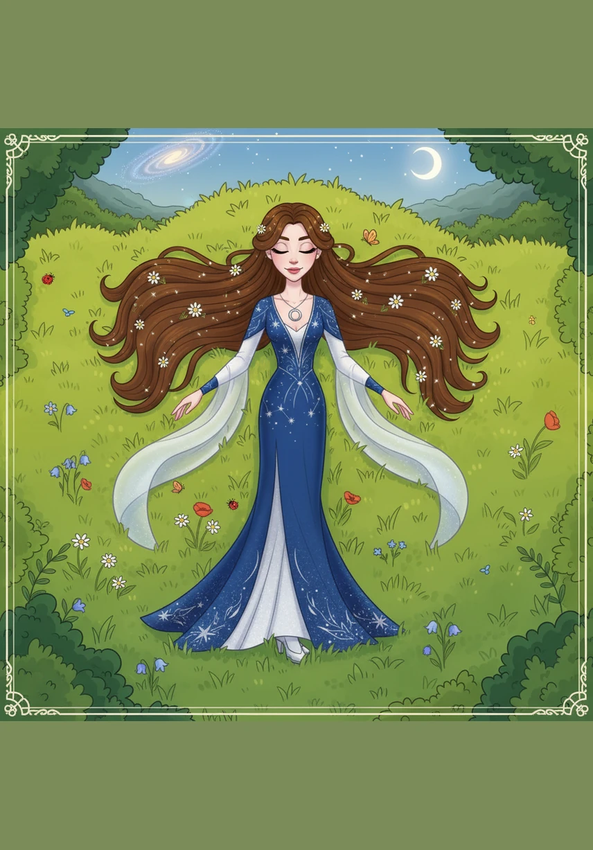 Elara lies peacefully upon a bed of emerald grass, her chestnut hair splaying around her like silk. A gentle breeze catches her fringe, dancing across her face as she gazes at the shifting clouds above.