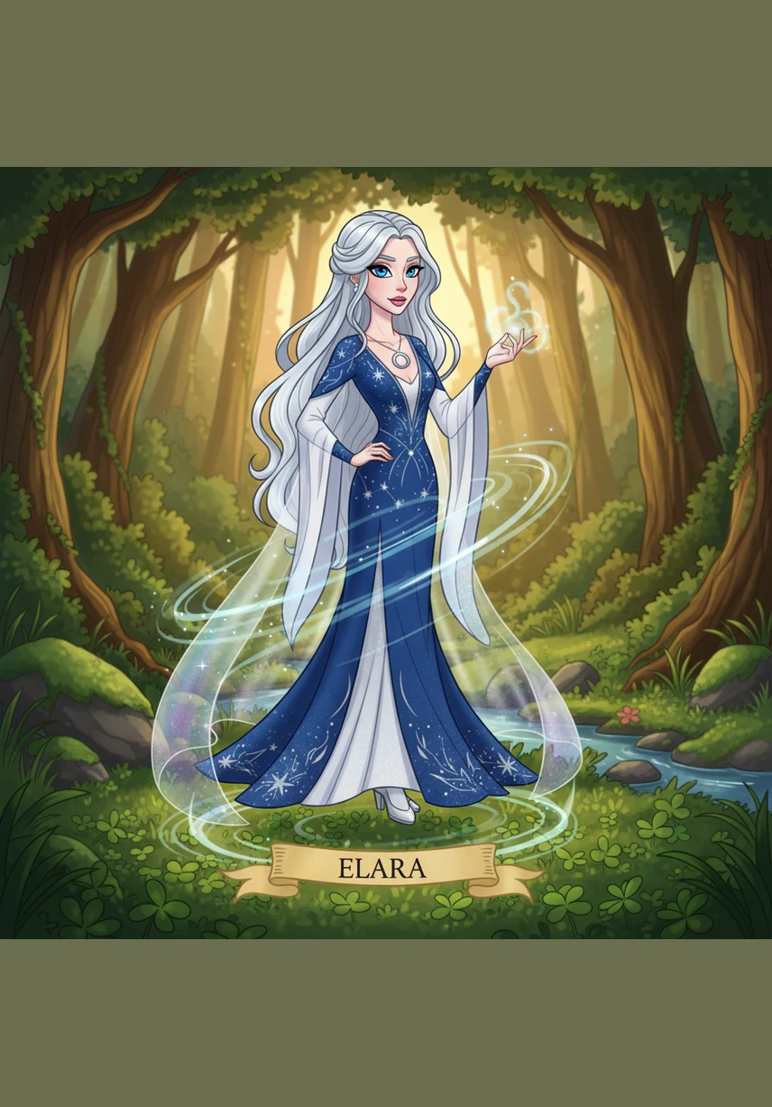She rises slowly, her slender form silhouetted against the vibrant landscape. Her long, straight chestnut hair cascades down her back, reaching toward the earth as she finds her footing in the soft clover.