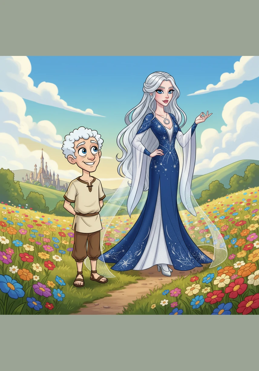 With a graceful stride, she begins to walk through the swaying wildflowers toward the distant sound of crashing waves. Her blue eyes are fixed on the horizon, filled with a quiet sense of curiosity and purpose.