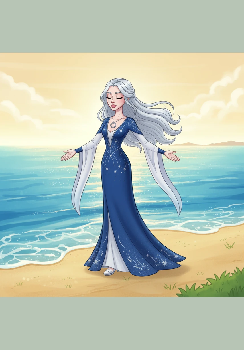 The grass gives way to soft, golden sand as she reaches the edge of the vast, sparkling sea. The salt air kisses her skin, and she pauses to breathe in the immense beauty of the open water and the endless sky.