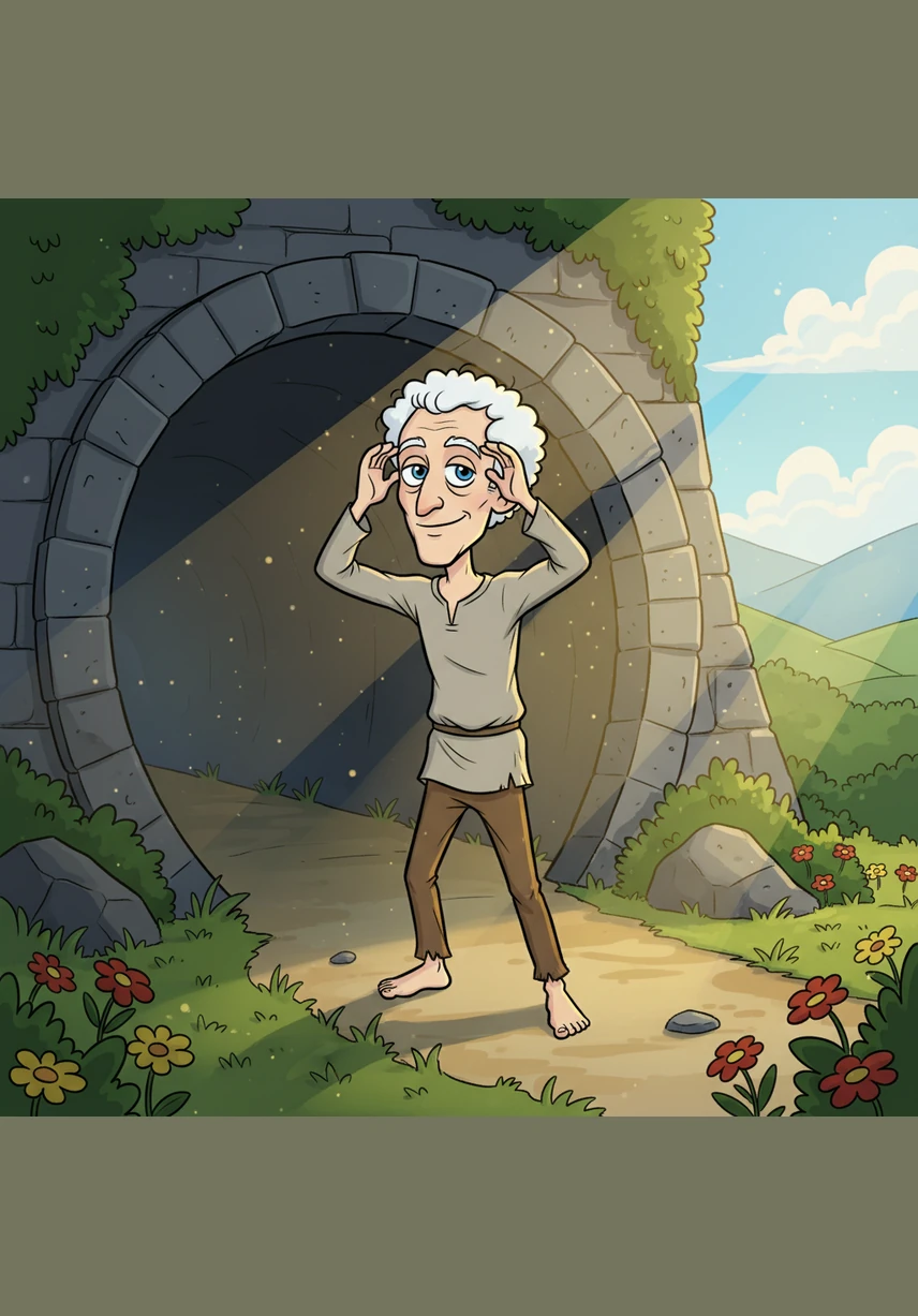 A figure emerges from the darkness of the tunnel, stepping out into the bright daylight. It is a man named Jon, his thin frame and white curly hair glowing under the sun's warm rays as he adjusts to the light.