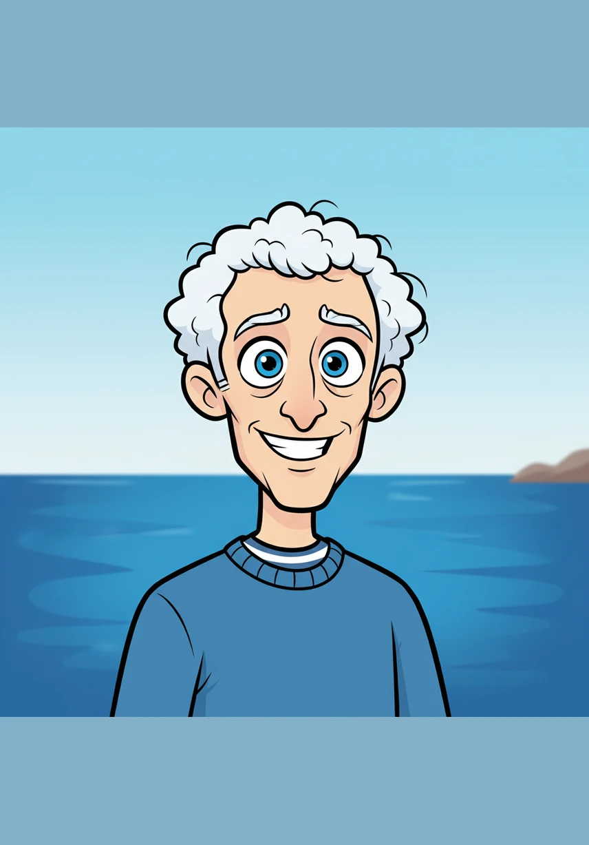 Jon looks toward the shore with piercing blue eyes that mirror the depth of the ocean. A handsome grin spreads across his face, a look of recognition and warmth that seems to bridge the distance between them.