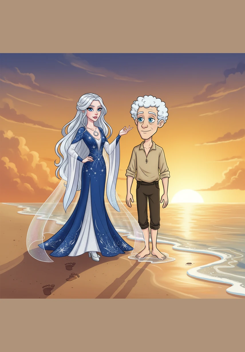 Together, they turn to walk along the water's edge, their footprints marking the sand side by side. The sun begins to set, casting a golden and ethereal glow over their new journey together as the tide comes in.