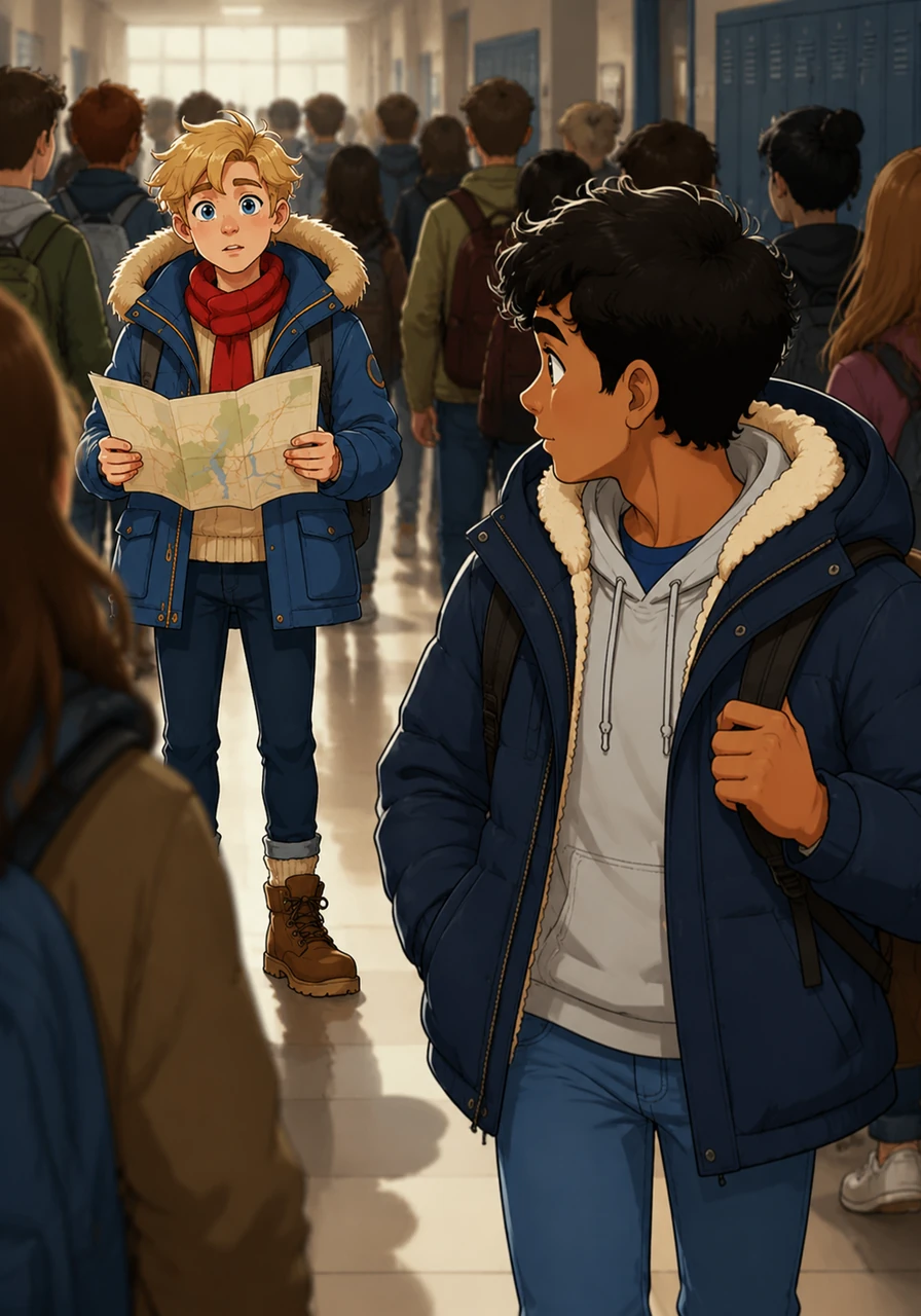 Their eyes meet for the first time in the crowded school hallway, a moment of stillness amidst the chaos. Dominic stands there with a map in hand, looking lost, while Mateo feels a sudden, inexplicable pull toward the boy who just arrived from Paris.