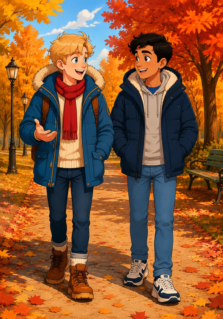 As the American autumn paints the trees in vibrant shades of gold and crimson, Mateo and Dominic spend their afternoons walking through the park. They share stories of their very different worlds, their laughter echoing through the crisp October air as they become inseparable.