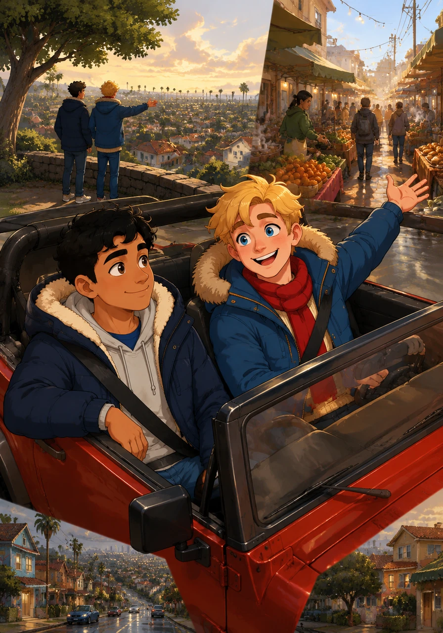 Mateo takes Dominic on a drive through the sprawling suburbs, windows down and music blaring. He wants to show him every corner of his world, from the hidden viewpoints to the bustling street markets that smell of cinnamon and rain, creating a map of their own.