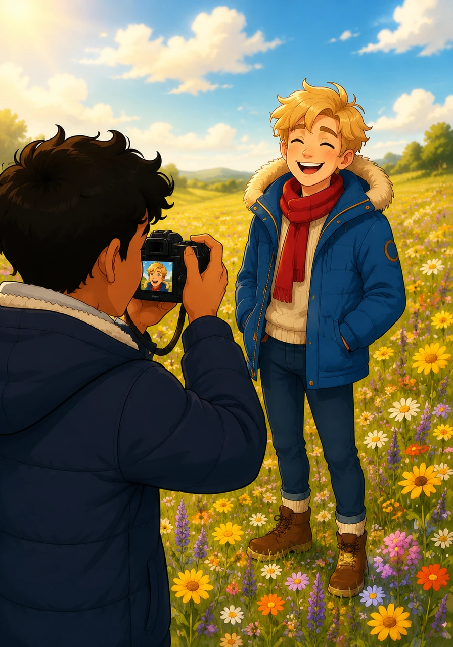 In the middle of a sun-drenched field of wildflowers, Mateo captures a photo of Dominic laughing. He wants to freeze this moment forever, keeping a piece of Dominic's radiant light to hold onto when the house eventually feels empty.