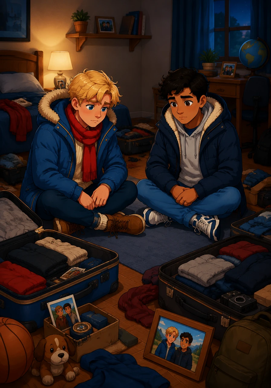 The bedroom is filled with open suitcases and half-packed memories, a stark reminder of the flight to France scheduled for the following morning. They sit on the floor in silence, the weight of the impending goodbye hanging heavy in the air between them.