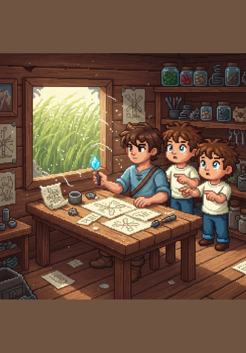 Back in his small backyard shed, Leo clears off a wooden table to sketch his designs. He observes how the wind whistles through the tall grass and imagines a machine that can capture that energy.