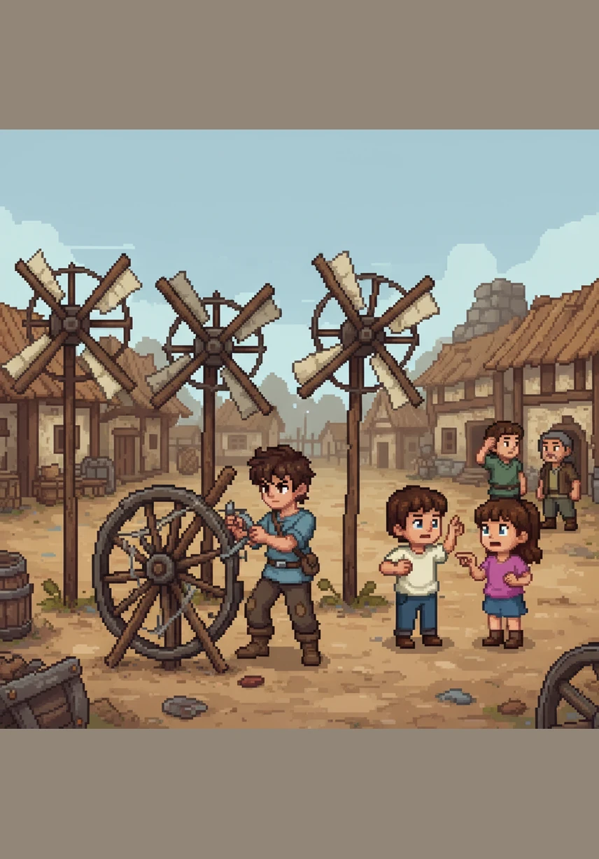 The construction is harder than Leo expected, and his first few attempts to build a turbine fail to spin. Some villagers walk by and shake their heads, wondering why he is playing with trash.