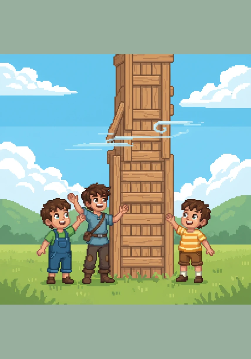 With the help of two curious friends, Leo finally hoists his tall, wooden tower into the sky. They all hold their breath as a gentle breeze begins to blow across the open fields.