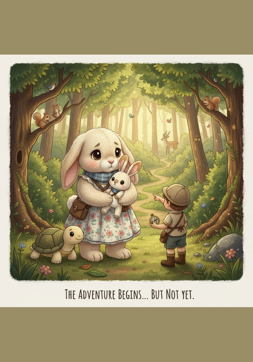Near the edge of the woods, Mama Bunny called out softly to her energetic son. She reminded him to stay close because the forest was very busy today, but Benny was already looking toward the tall, mysterious trees with a distracted gaze.