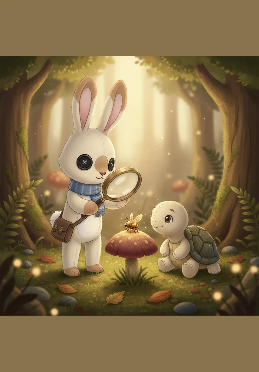 Suddenly, Benny wasn't looking where he was going and went tumbling forward. He landed with a loud bump right on top of Tilly the turtle, who let out a surprised oof as they both rolled onto the soft forest floor.