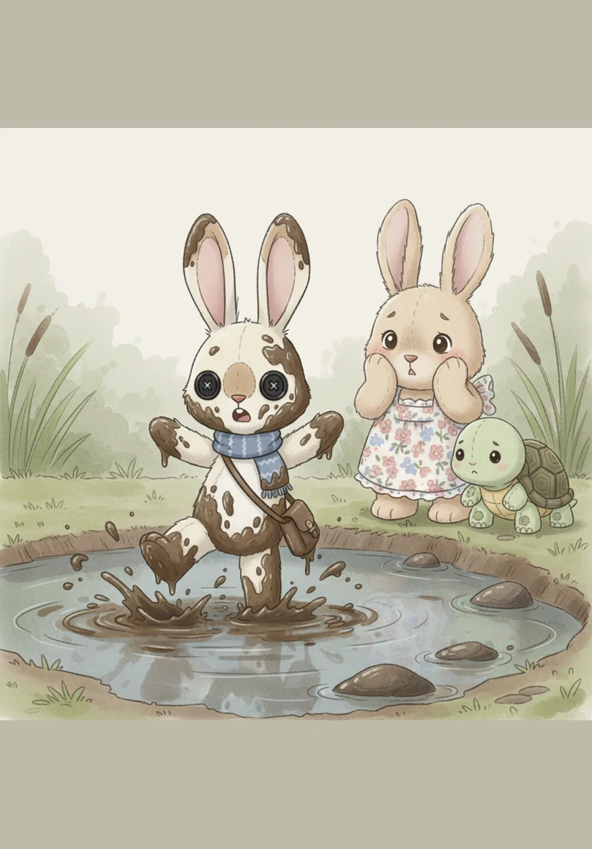 Startled by the collision, Benny tried to jump away quickly but lost his balance on the slippery bank of a nearby pond. With a giant splash, he tumbled right into a thick, gooey mud puddle that coated his beautiful white fur in brown slime.