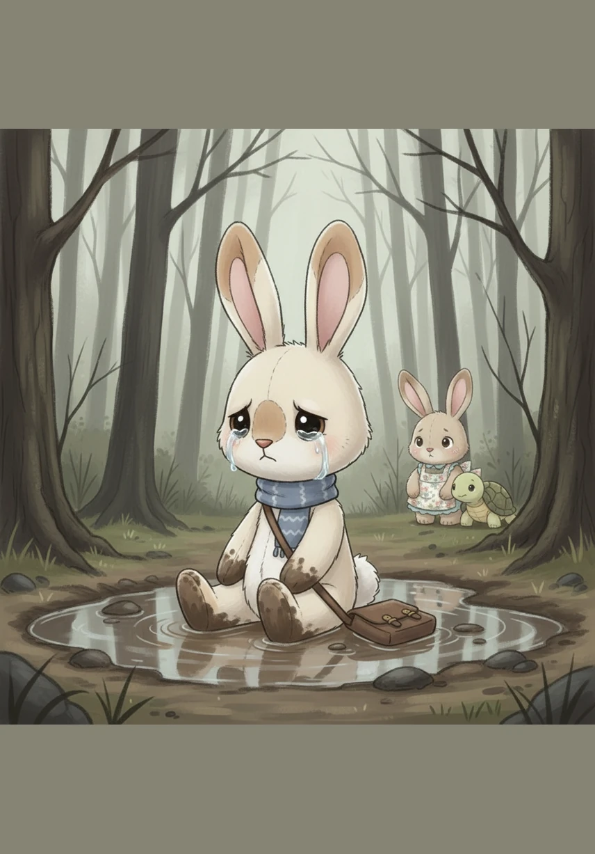 Benny sat in the middle of the puddle, looking down at his messy paws and heavy tail with big, watery eyes. He felt very silly and a little bit cold, realizing that being fast didn't mean he was ready to be all alone in the woods.