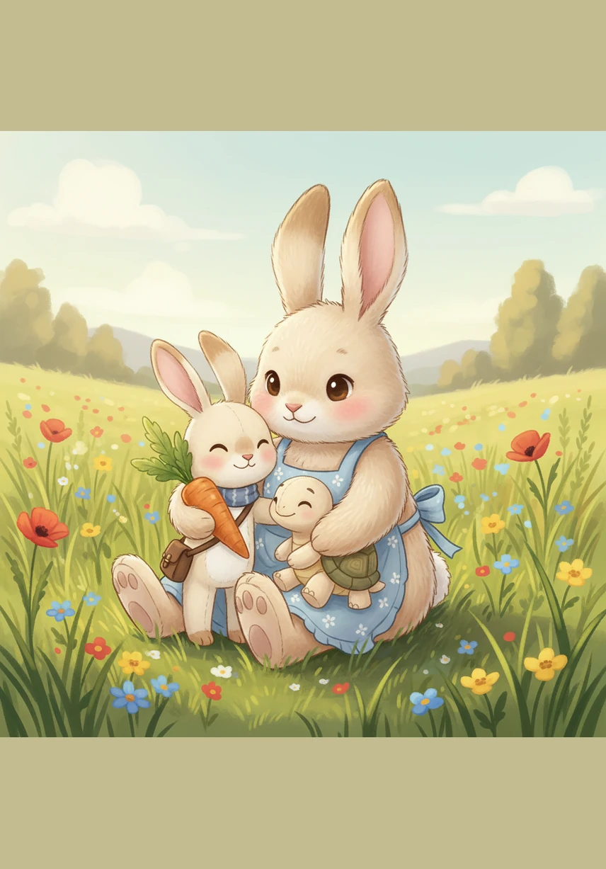 Mama Bunny was waiting at the edge of the field, her face full of relief when she saw her muddy little bunny returning. She gently washed the sticky mud from his fur with soft leaves and warm water until he was fluffy and white once again.