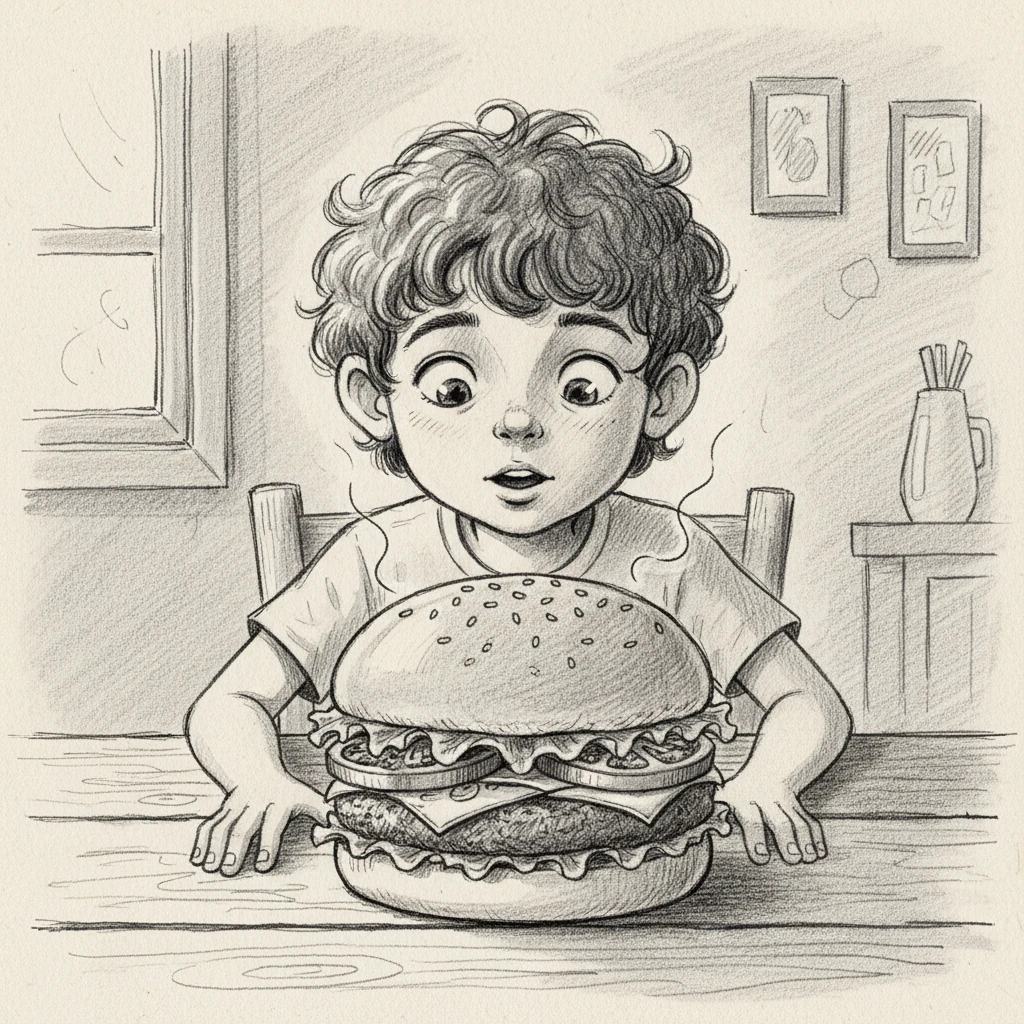 Leo sat at the table, eyes wide with anticipation. Before him, a magnificent, round burger, stacked high with fresh greens and a juicy patty, dominated the scene. Its warm aroma filled the air, promising a delicious meal.