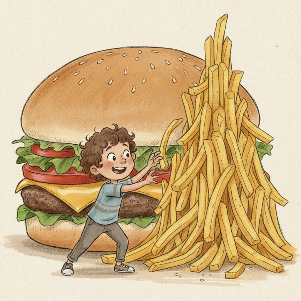Next to the grand burger, a golden mountain of fries beckoned. Leo reached out, his fingers itching to grab one. He loved the crispy texture and the perfect hint of salt on each slender stick.