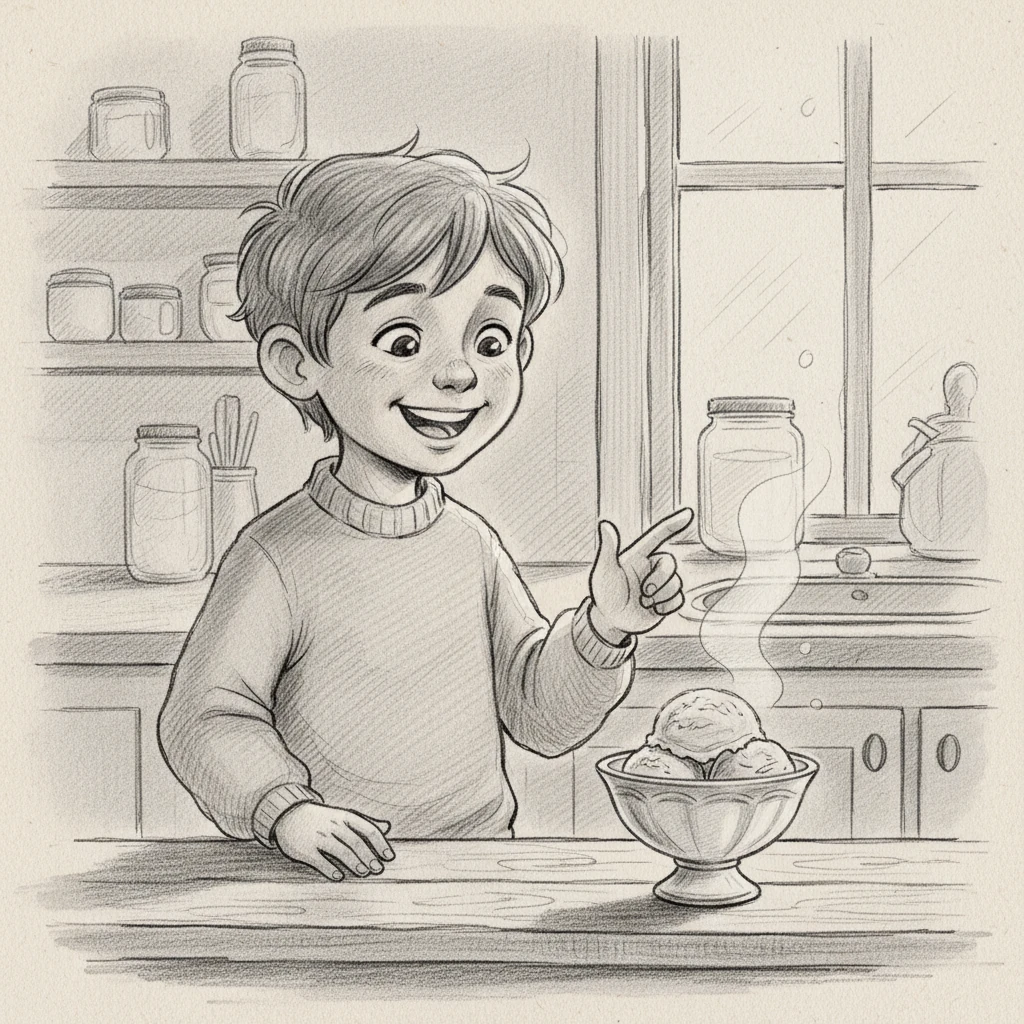 From the kitchen, a small bowl of creamy delight appeared, setting on the counter. Leo knew that after his meal, a scoop of cold ice cream would be waiting. The thought of its sweet, smooth taste made him smile.