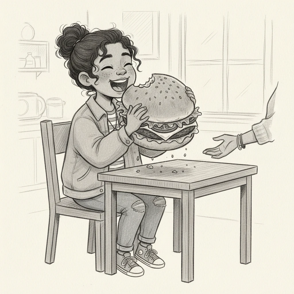 "Time to eat, Leo," a gentle voice prompted. He picked up the enormous burger, its warmth seeping into his small hands. Taking a big bite, he felt the blend of flavors burst in his mouth.