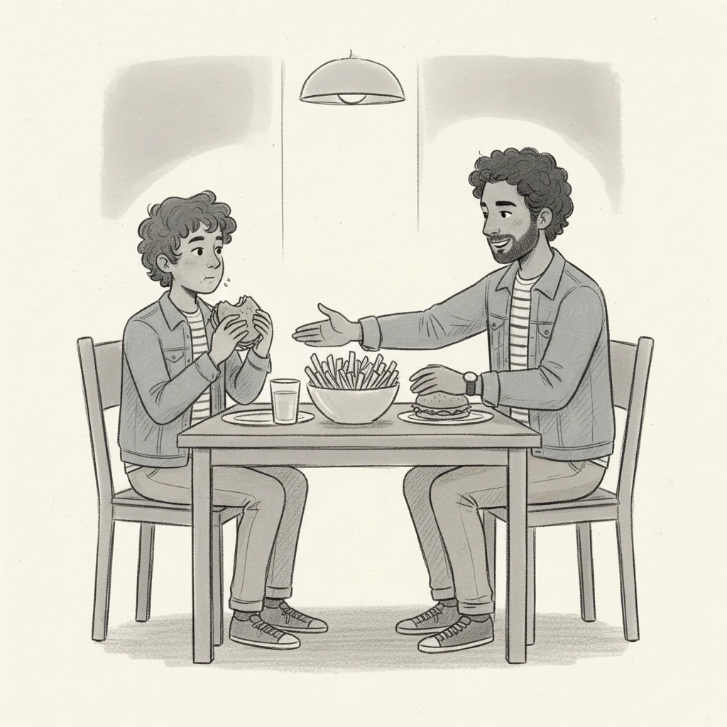 After a few bites of the burger, Leo looked at his dad across the table. "Pass the fries, please," he mumbled, his mouth still full. He couldn't resist pairing the savory burger with the salty, crunchy fries.