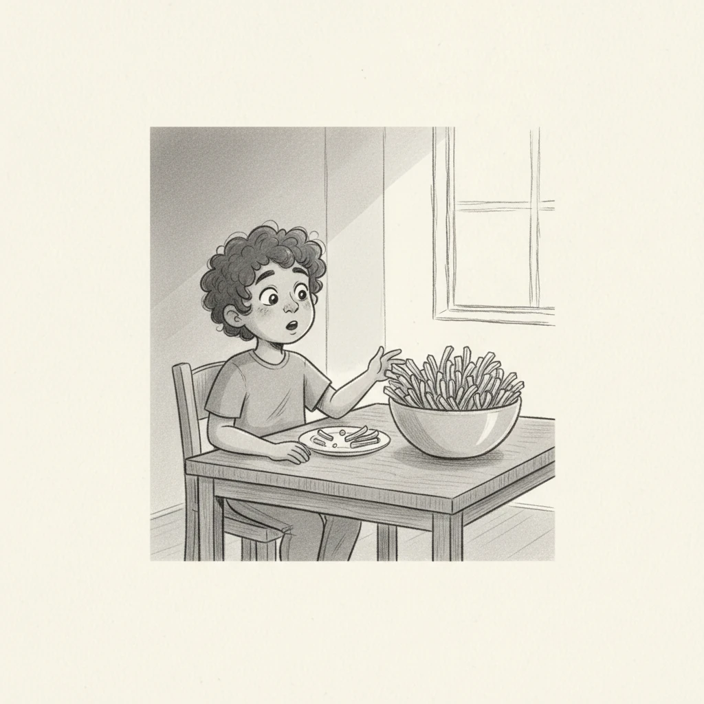His plate was nearly clear of fries, but Leo wasn't quite satisfied. He looked at the serving bowl, hoping for another helping. "I want more fries," he announced, a hopeful glint in his eyes.
